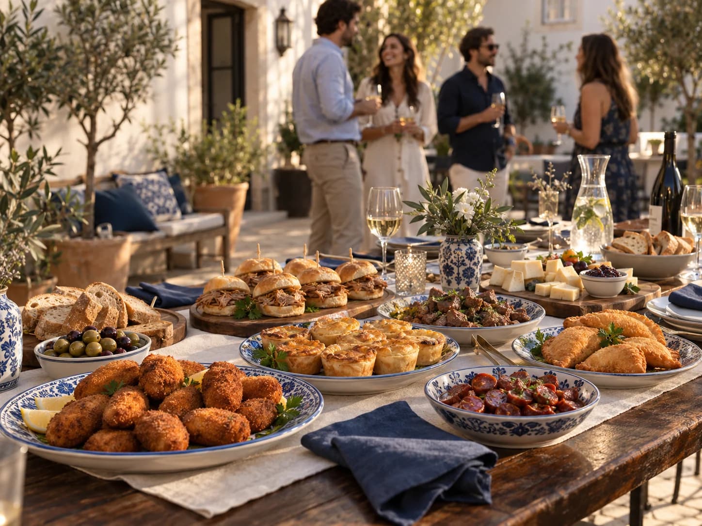 Imagem ilustrativa criada com IA de uma mesa de catering português com salgados, tapas e petiscos numa celebração ao ar livre
