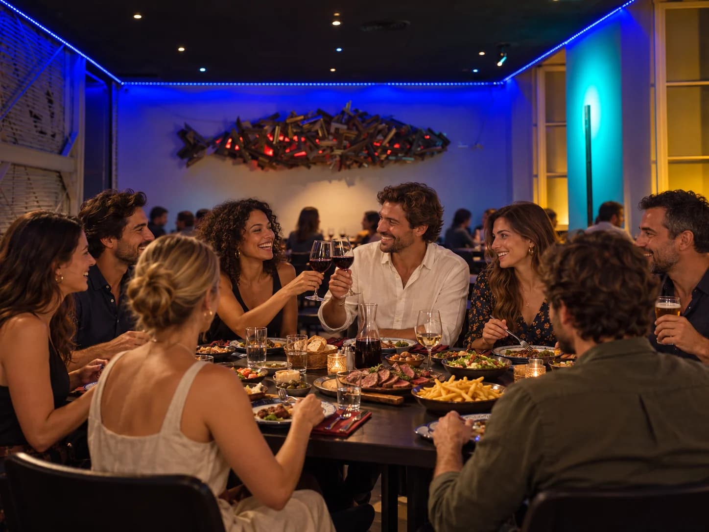Ilustração de um jantar de grupo inspirada na sala da Taberna Tuga